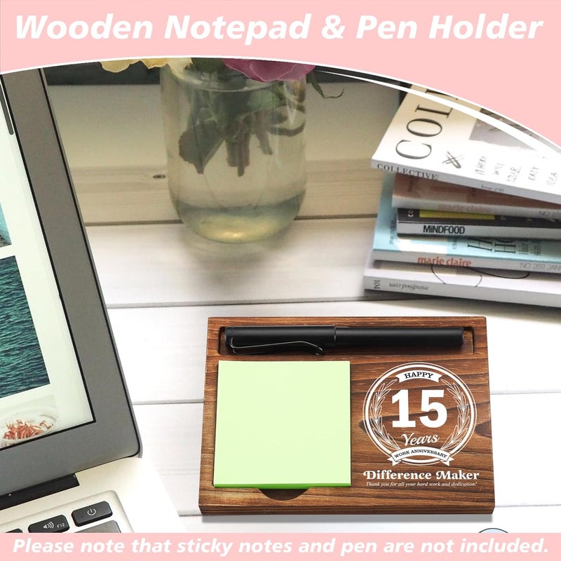 CINRLLA 15th Work Anniversary Sticky Note Holder Wooden Notepad & Pen Holder 6.5" x 4.7" Sticky Note Pad Holder Dispenser for Desk Difference Maker Work Appreciation Gifts, NPA229 - Image 2